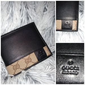 Gucci black leather and canvas logo wallet men's